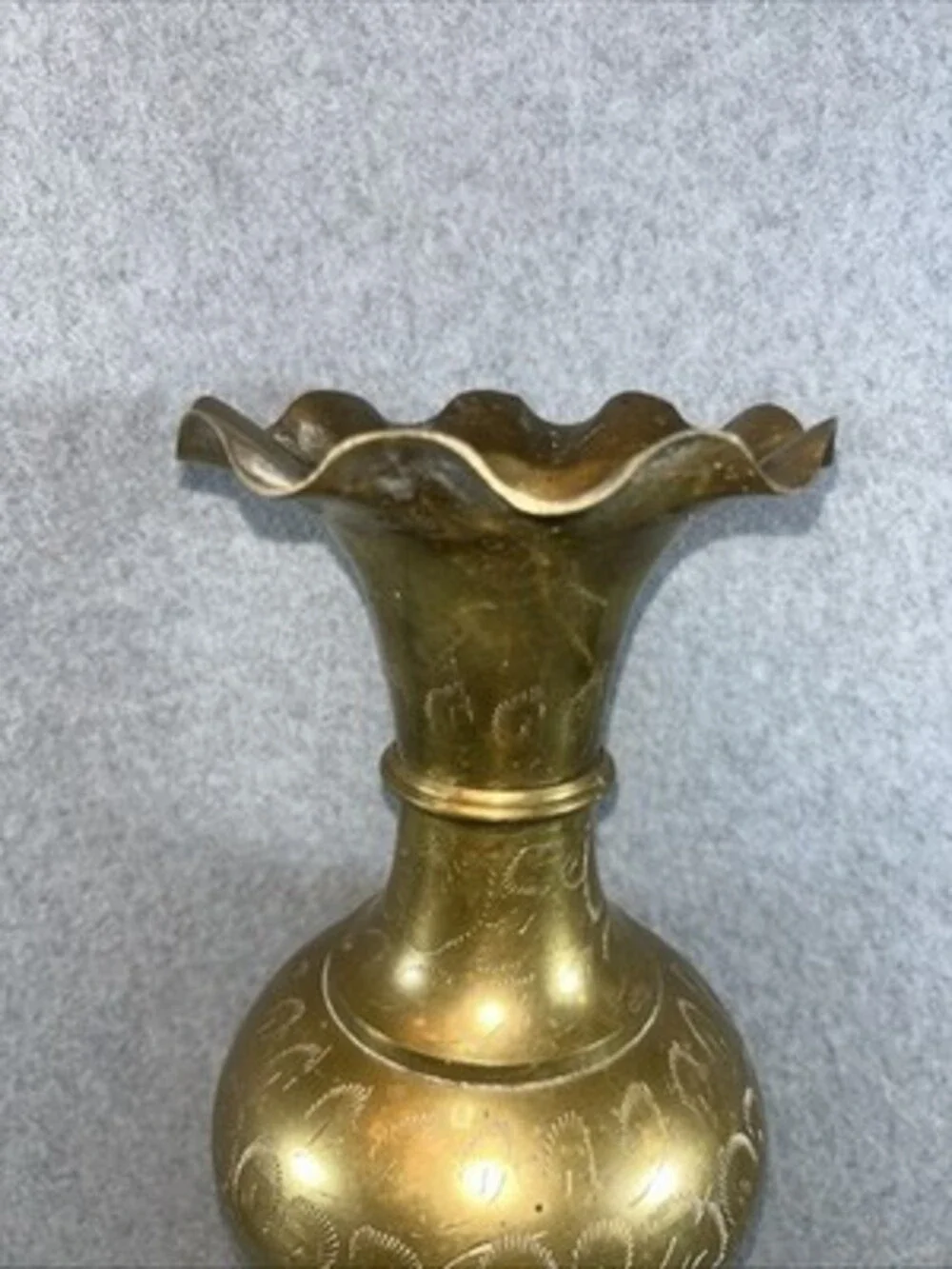 Vintage Etched Solid Brass Vase Fluted Ruffled Trim Made In India 16.5  Tall